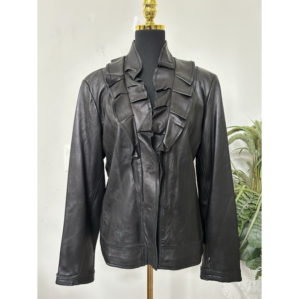 NWT Tahari Black Leather Jacket Ruffle Collar Moto Goth Coquette Whimsigoth XL - Picture 6 of 10